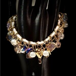 Gold Charm Bracelet with Pearls and Charms